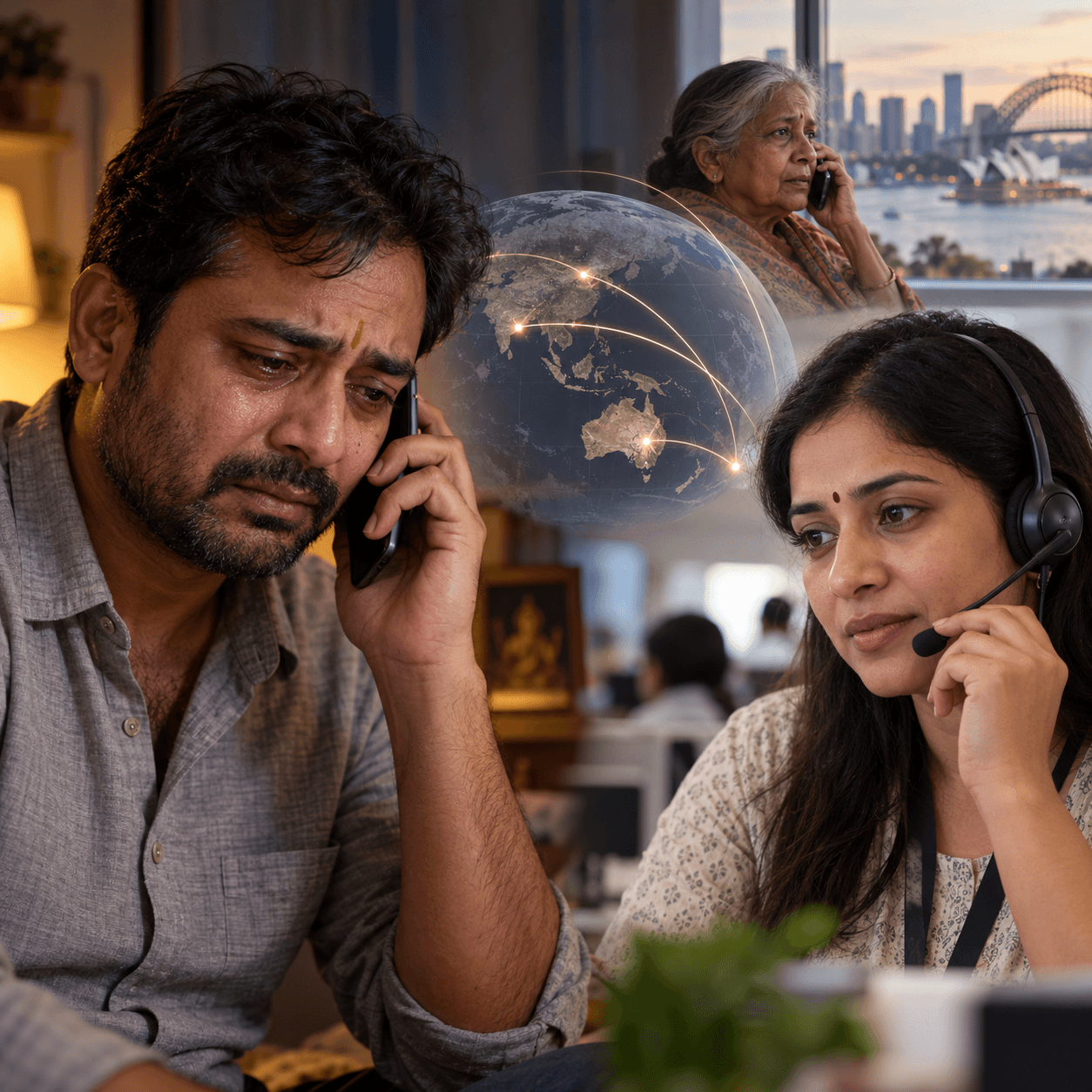A man in distress speaks on the phone while a woman with a headset answers and an older woman calls from far away.
